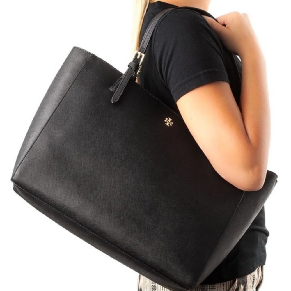 Tory Burch Robinson Black Saffiano Leather Tri Compartment Tote